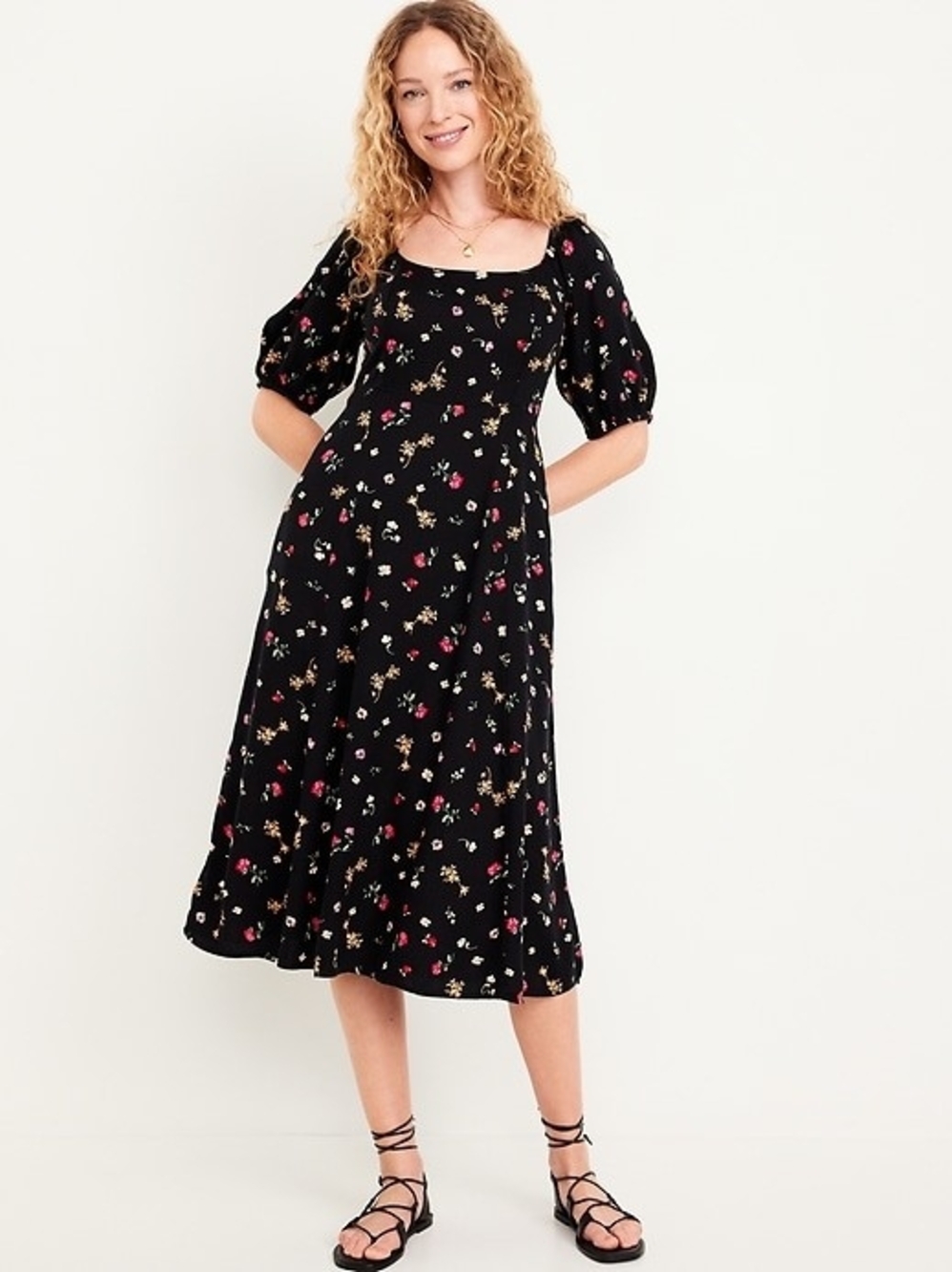 Old Navy Black Floral Puff-Sleeve Midi Dress